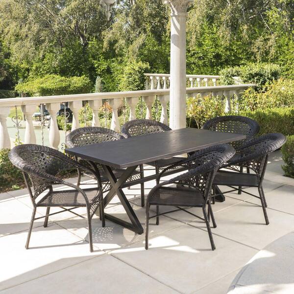 Noble House Sotto Multi-Brown 7-Piece Faux Rattan Outdoor Dining Set
