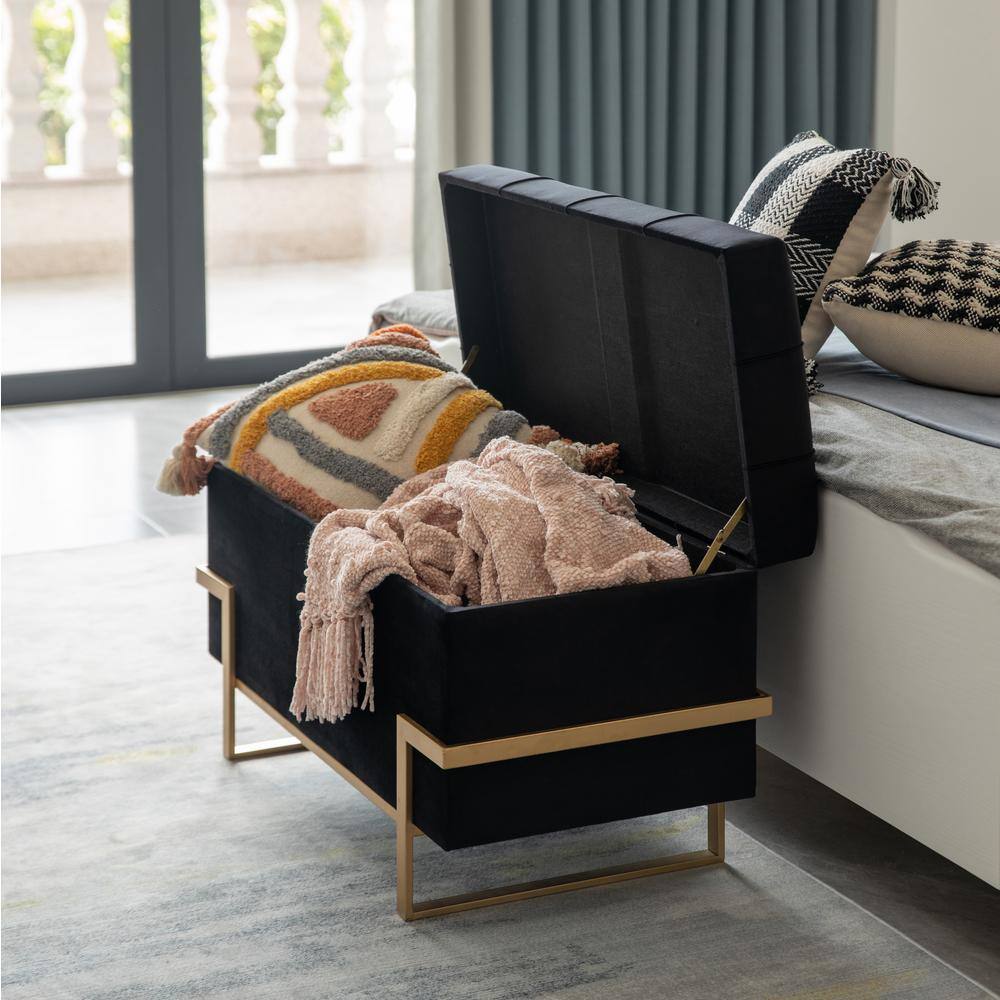 Elegant Black Velvet Storage Ottoman with Golden Metal Legs