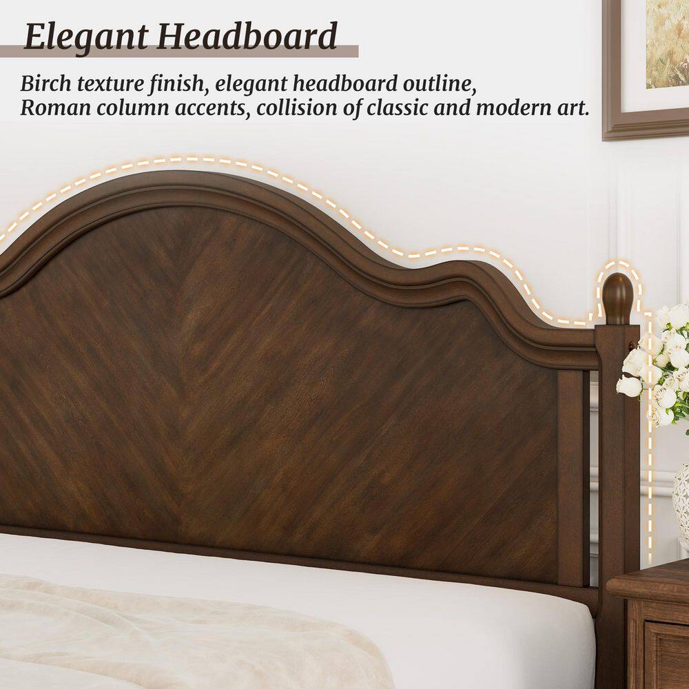 Aubel Dark Walnut Brown Mid-Century Solid Wood Frame King Size Platform Bed with Herringbone-Inspired Pattern Headboard - thumbnail 10