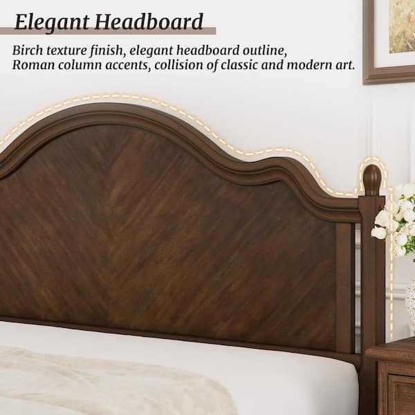 Aubel Dark Walnut Brown Mid-Century Solid Wood Frame King Size Platform Bed with Herringbone-Inspired Pattern Headboard