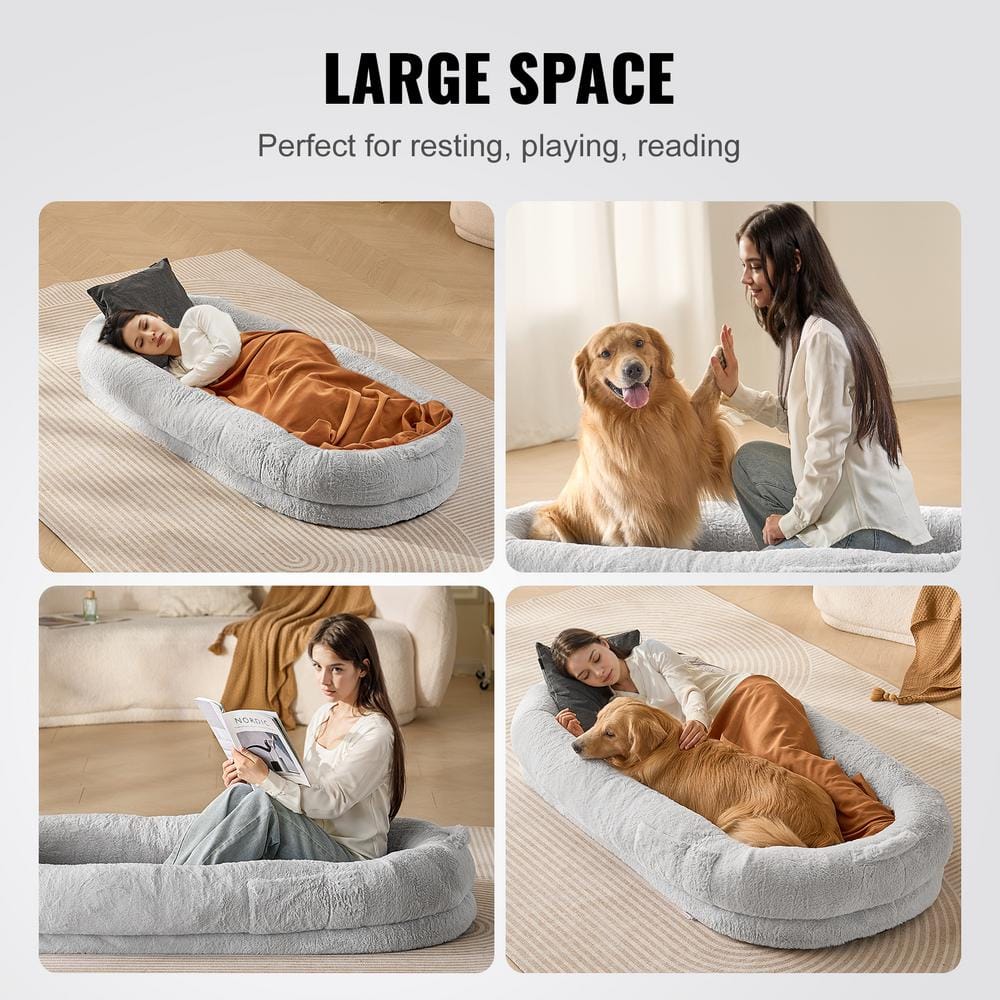 Large Light Gray Orthopedic Human Dog Bed with Faux Rabbit Fur