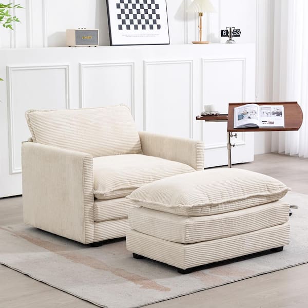 JEAREY Modern Beige Corduroy Accent Armchair with Ottoman for Living