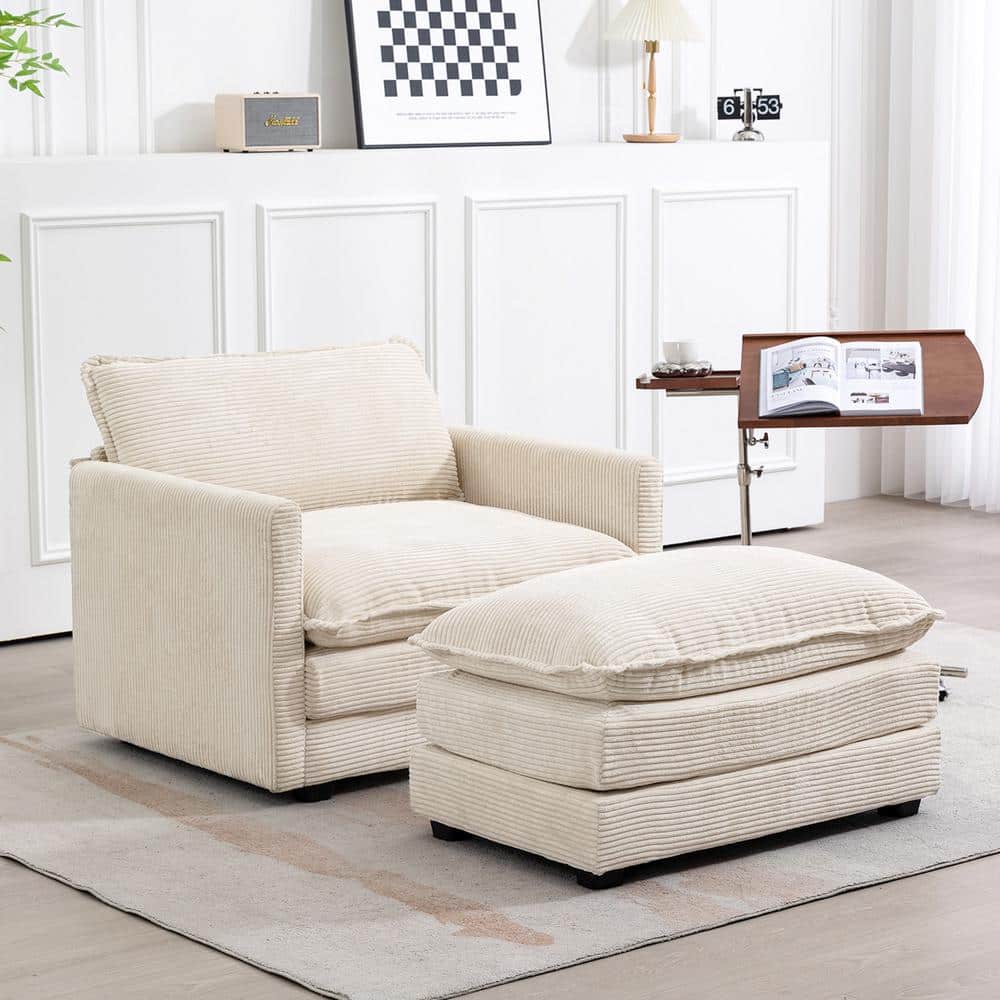 Beige Corduroy Club Chair with Ottoman and Metal Frame