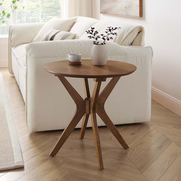 Crossroads 24 in. Round Wood Side End Table in Walnut