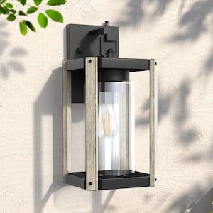 Hawaii 13 in. Sand Black and White E26 Farmhouse Cylinder Dusk to Dawn Outdoor Hardwired Glass Sconce