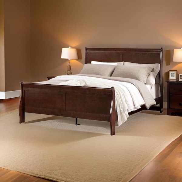 Ryla Dark Cherry Brown Queen Wood Frame Sleigh Bed with Panel Headboard