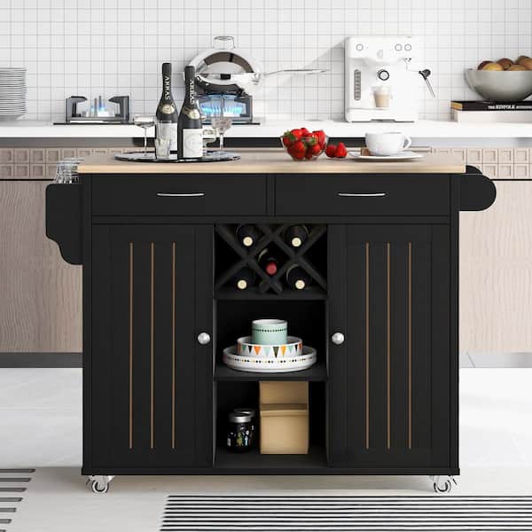 Tileon Black Wooden Kitchen Island with 2-Drawer, Wine Rack and Towel Rack