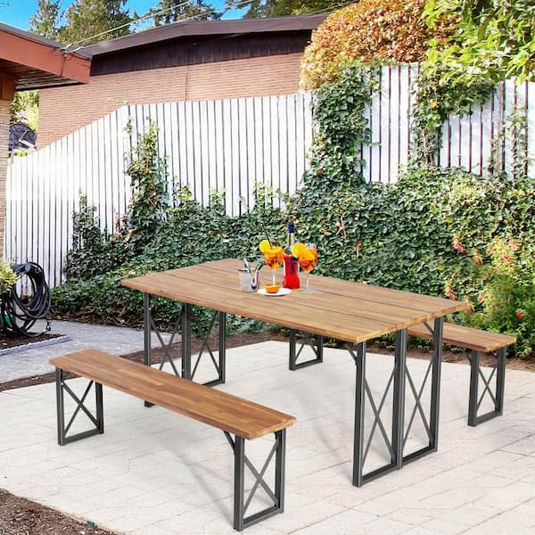 3-Piece Wood Patio Outdoor Dining Table Set with 2 Inch Umbrella Hole