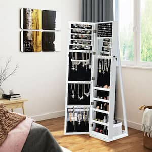 White Wood Standing Lockable Jewelry Storage Organizer with Full-Length Mirror