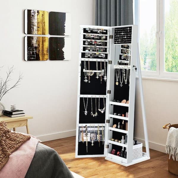 White Wood Standing Lockable Jewelry Storage Organizer with Full-Length Mirror