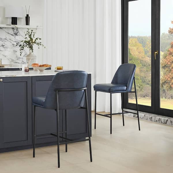 Spruce & Spring Monae 27 in. Blue High Back Wood Counter Stool with Faux Leather Seat (Set of 2)
