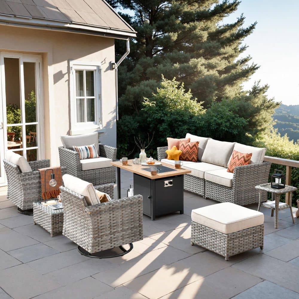 Eufaula Gray 10-Piece Wicker Outdoor Patio Conversation Sofa Set with a Storage Shelf Fire Pit and Beige Cushions