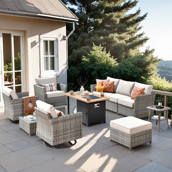 Toject Eufaula Gray 10-Piece Wicker Outdoor Patio Conversation Sofa Set with a Storage Shelf Fire Pit and Beige Cushions