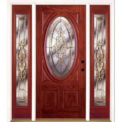 63.5 in.x81.625in.Silverdale Brass 3/4 Oval Lt Stained Cherry Mahogany Lt-Hd Fiberglass Prehung Front Door w/Sidelites