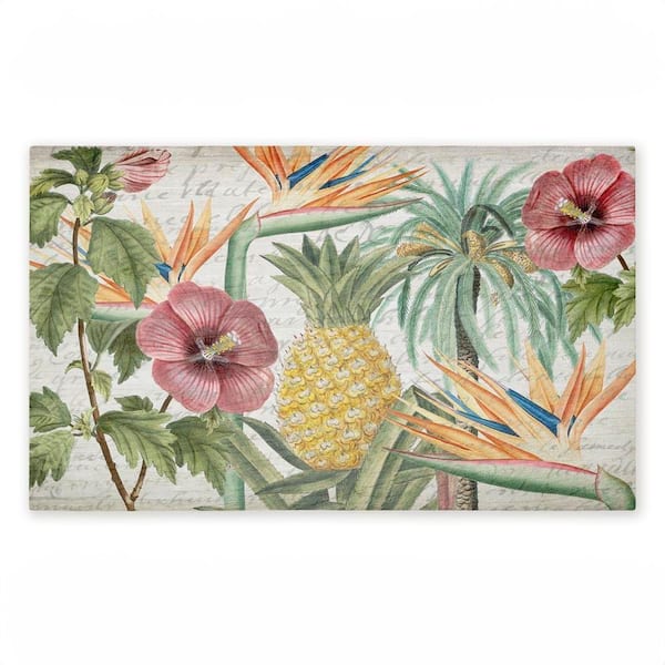 Tropical Flowers and Pineapple Green 18 in. x 30 in. Polyester Non-Slip Outdoor Door Mat