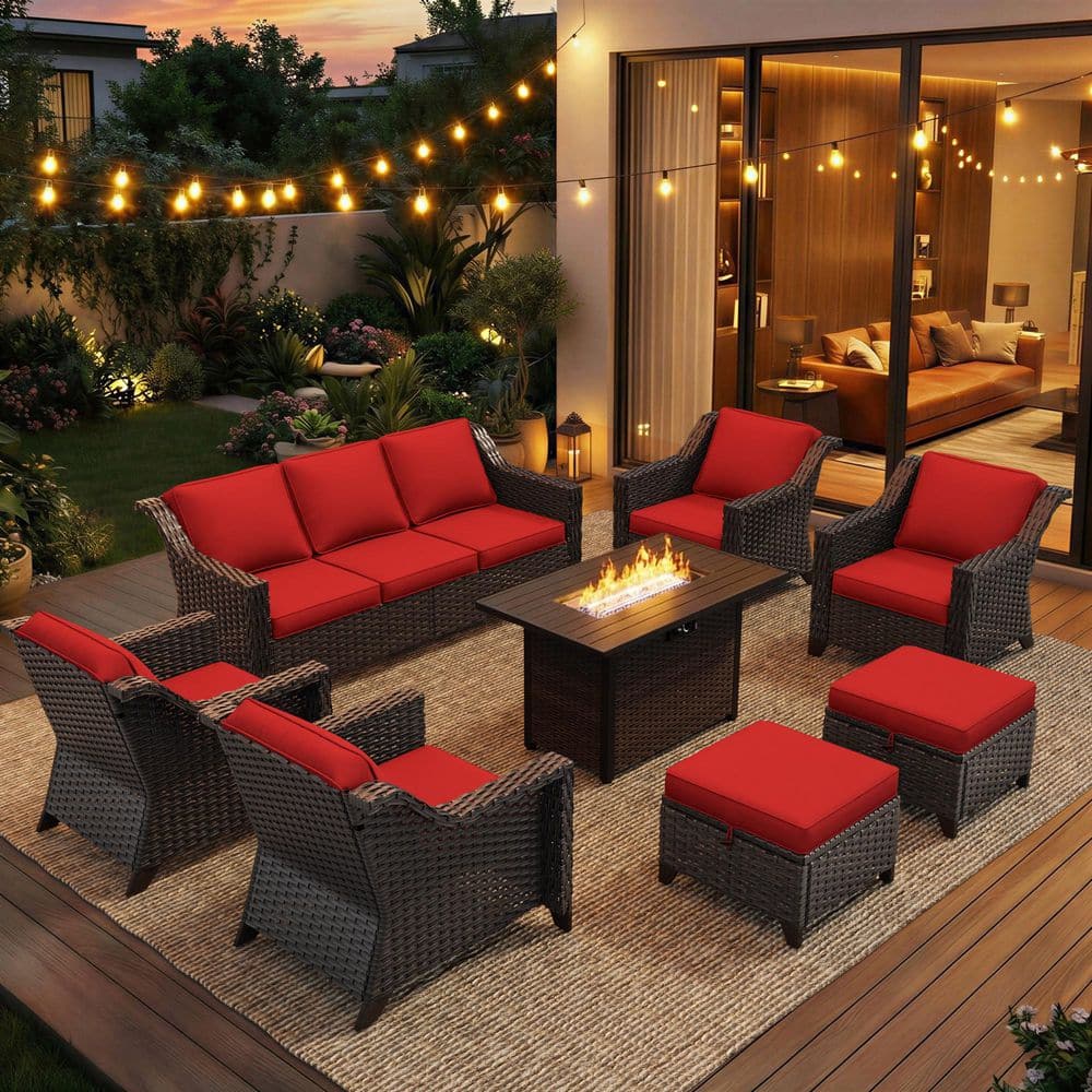 8-Piece Brown Wicker Fire Pit Conversation Set with Red Cushions price history on PriceWatchPro