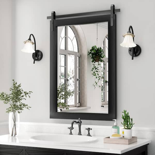 PAIHOME 22 in. W x 30 in. H Large Square Mirrors Wood Framed Mirrors Wall Mirrors Bathroom Vanity Mirror Barn Mirror in Black