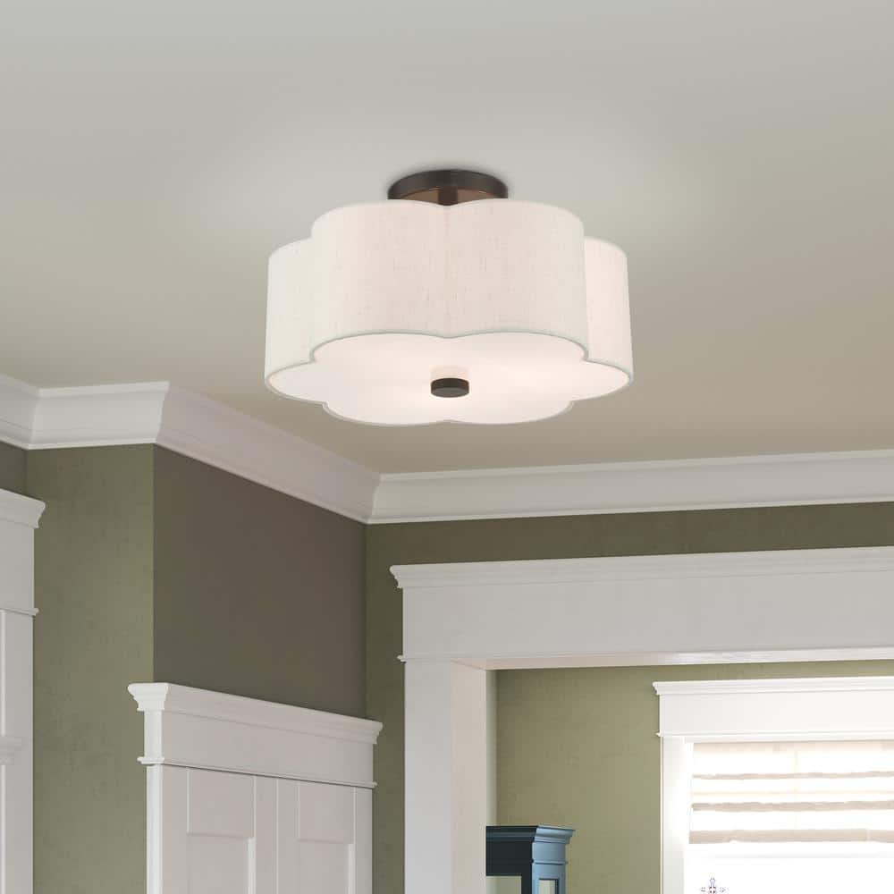 Solstice English Bronze 3-Light Indoor Drum Flush Mount with Oatmeal Shade