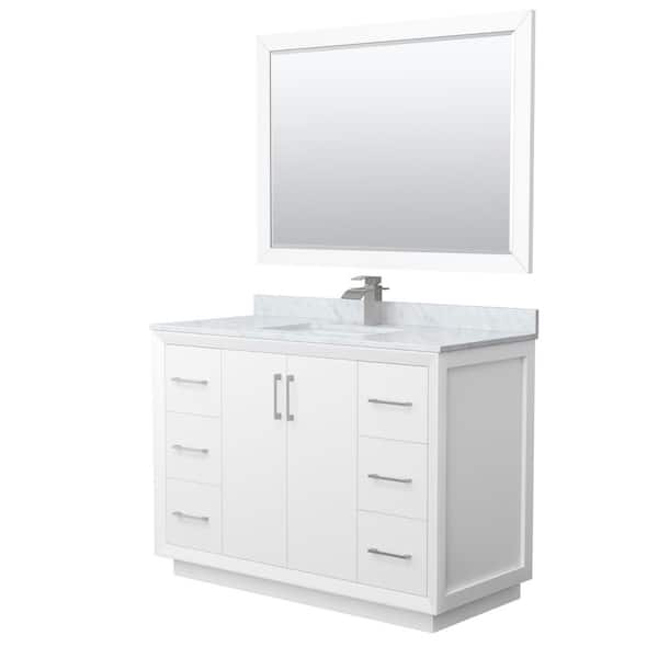 Wyndham Collection Strada 48 in. W x 22 in. D x 35 in. H Single Bath Vanity in White with White Carrara Marble Top and 46 in. Mirror