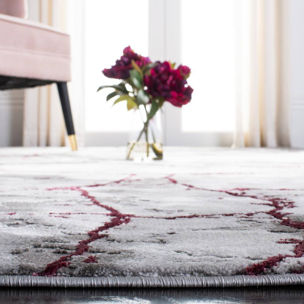 Eclipse Abstract Gray and Wine Round Area Rug, 8' Diameter, Cotton Blend