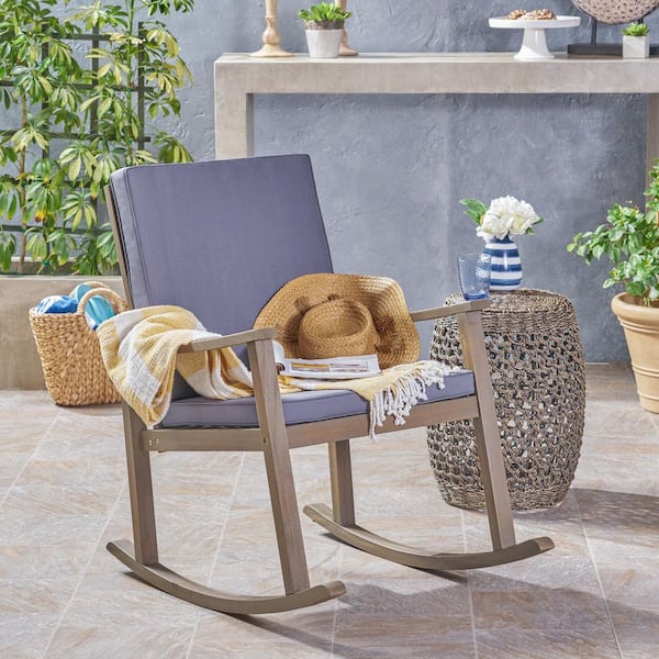 Tenleaf Wood Modern Outdoor Rocking Chair with Gray Cushion and