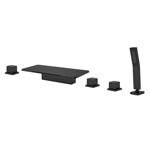 3-Handle Deck-Mount Roman Tub Faucet, 5 Hole Waterfall Wide Spout Bathtub Shower Faucet with Hand Shower in Matte Black