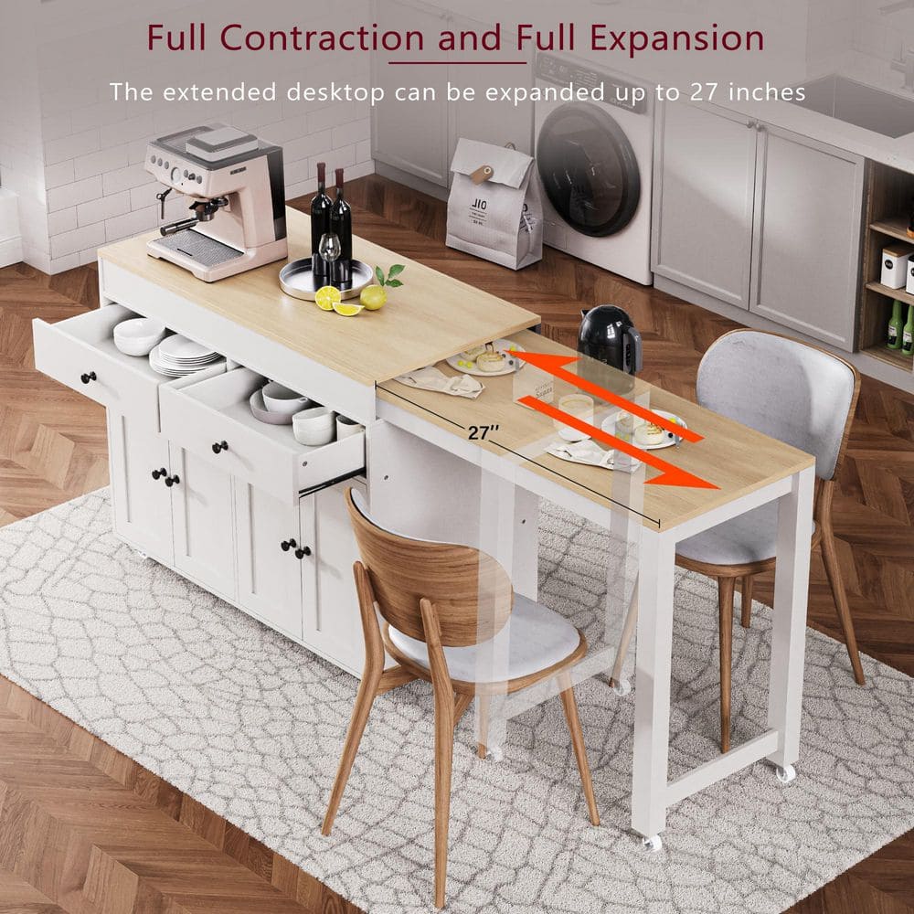 Runesay Off White and Oak Wood 70.5 in. W Kitchen Island
