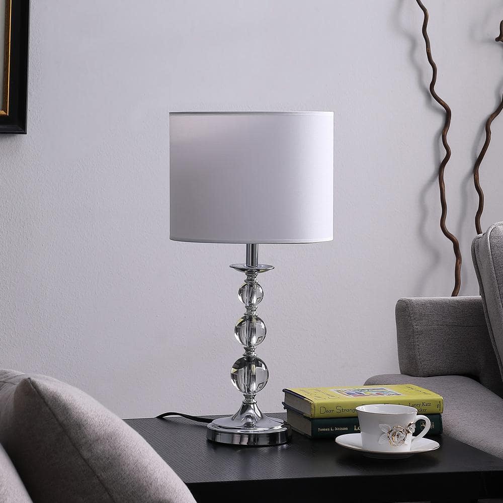 19.75" White Linen Drum Shade Crystal Orbs Table Lamp