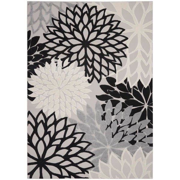 Aloha Black White 8 ft. x 11 ft. Floral Modern Indoor/Outdoor Patio Area Rug