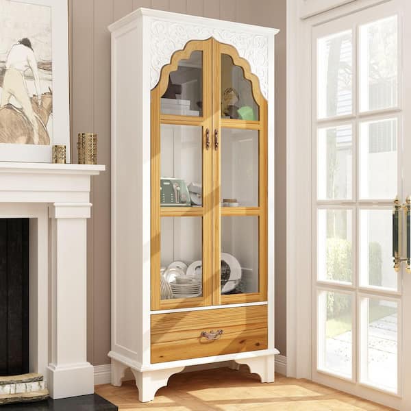70.9 in. Tall White Wood 3-Shelf Accent Bookcase with Glass Doors, Drawer, Victorian Style (31.5 in. Wide)