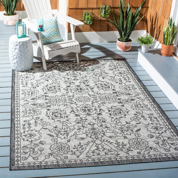 Courtyard Gray/Black 4 ft. x 6 ft. Floral Ornate Abstract Indoor/Outdoor Area Rug