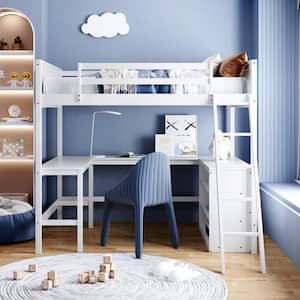 Full Size Loft Bed with Desk and Storage Shelves Bookcase, Wood High Loft Bed Frame for Dorm, Kids Teens Adults, White