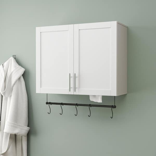 31.5 in. W x 24.6 in. H White Wood Surface Mount Medicine Cabinet without Mirror with Towel Bar, 5 Hooks, Tissues Slot