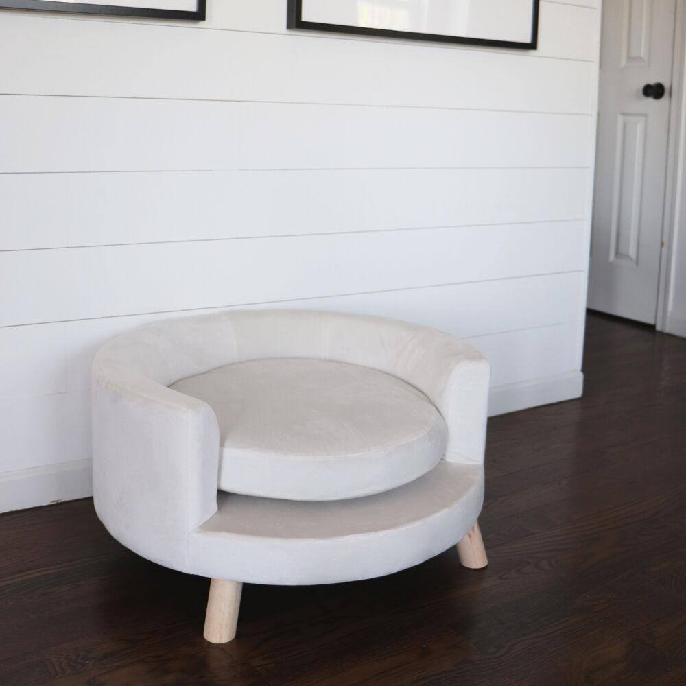 28-Inch White Velvet Elevated Circular Pet Sofa