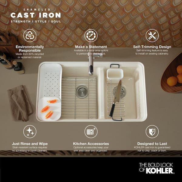 KOHLER - Riverby Workstation Undermount Cast Iron 33 in. 5-Hole Single Bowl Kitchen Sink Kit in White with Accessories