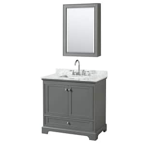 36 in. W x 22 in. D Vanity in Dark Gray with Marble Vanity Top in Carrara White with White Basin and Medicine Cabinet