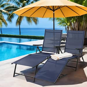Navy Blue Set of 2-Steel Mesh Folding Zero Gravity Lounge Chair Recliners, Beach Chair with Pillows and Cup Holder Trays