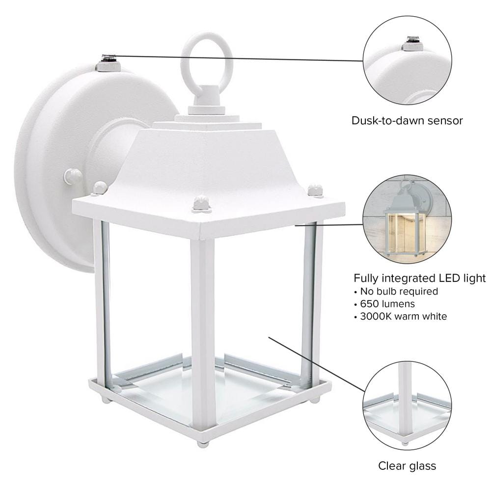 White Aluminum LED Lantern with Clear Glass and Dusk-to-Dawn Sensor