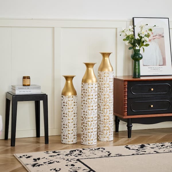 33 in. White and Gold 3D Relief Flower Cylinder Metal Vase 3-Pieces Mother's Day Gift Set Home Office Proch Decoration