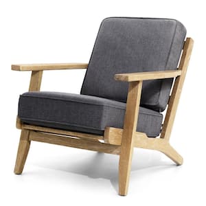 Oak Mid-Century Accent Natural Wood Outdoor Lounge Chair with Dark Gray Cushion