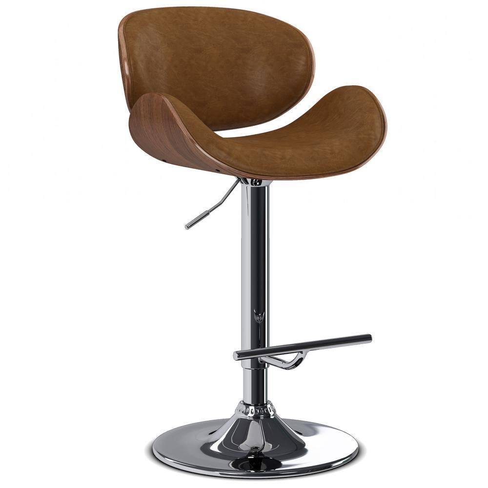 Deep Tan Vegan Faux Leather Adjustable Swivel Bar Stool with Natural Bentwood