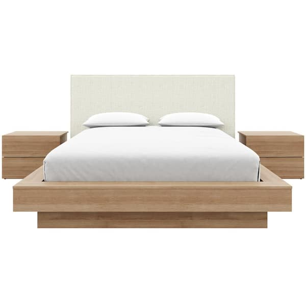 Julian 4-Piece Brown Oak Wood Queen Size Bedroom Set with Upholstered Headboard