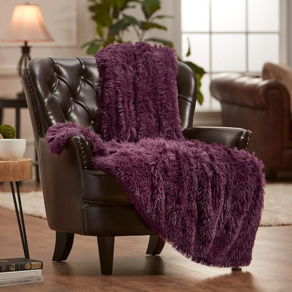 CHANASYA Solid Aubergine Shaggy Faux Long Fur Polyester Throw Blanket - 50 in. x 65 in.