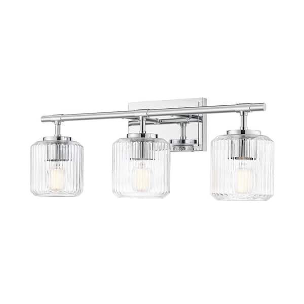 Landon 24 in. 3 Light Chrome Vanity Light with Clear Ribbed Glass Shades