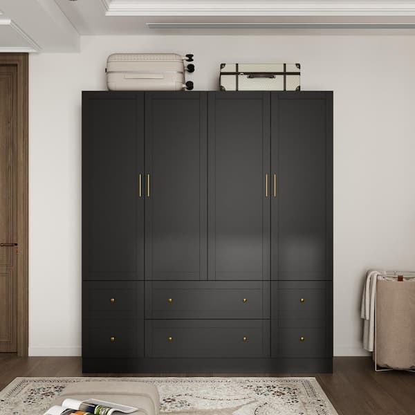 Black Wood 63 in. Width Bedroom Armoire, Wardrobe with 4-Drawers, 4-Doors, 1-Shelf and 2-Hanging Bars