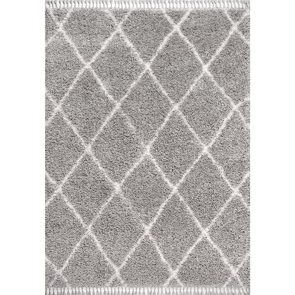 Mercer Shag Plush Tassel Moroccan Geometric Trellis Grey/Cream 3 ft. x 5 ft. Area Rug