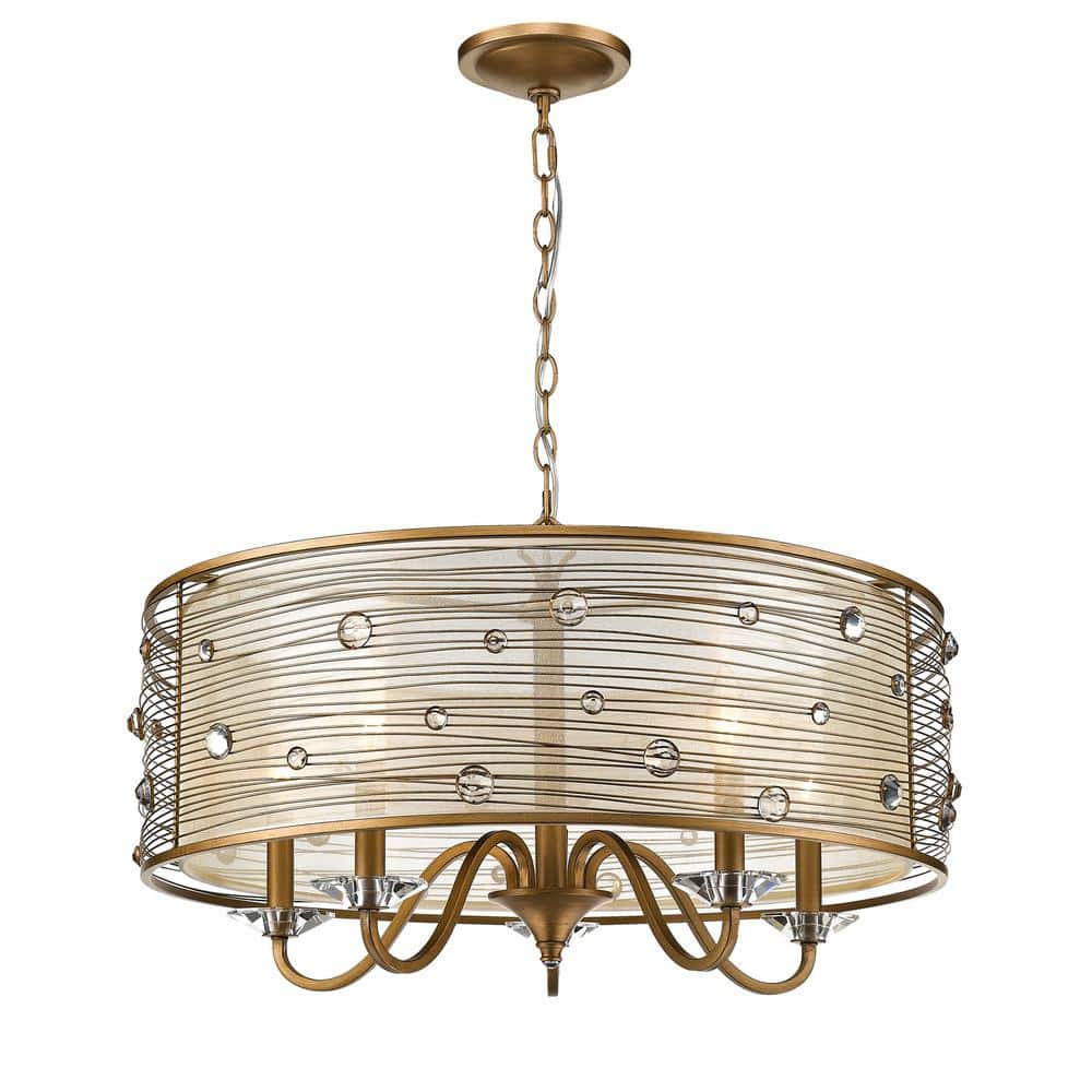 Elegant Peruvian Gold 5-Light Chandelier with Crystal Accents and Sheer Shade