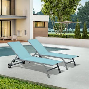 2-Pieces Aluminum Chaise Lounge Chairs with Wheels and 5 Adjustable Positions Turquoise Blue