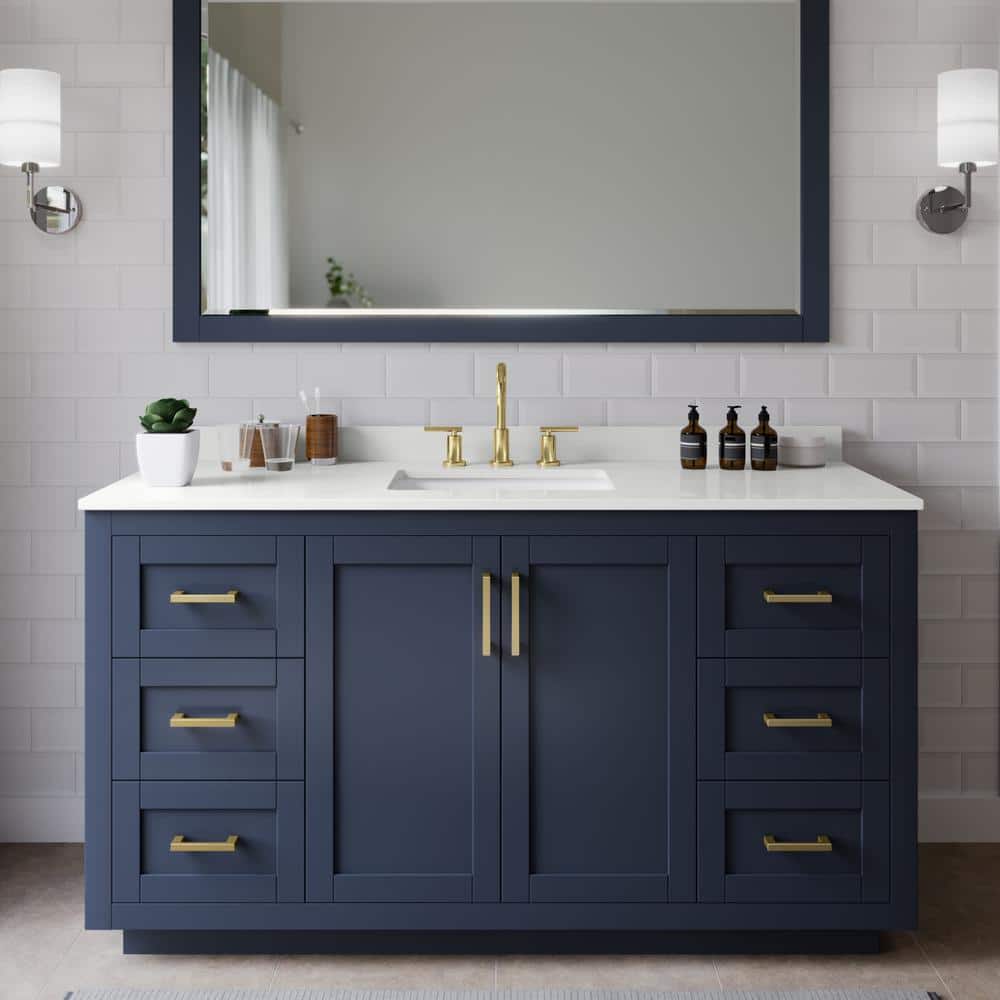 Miranda 60 in. W x 22 in. D x 33.75 in. H Single Bath Vanity in Dark Blue with White Quartz Top and 58 in. Mirror price history on PriceWatchPro
