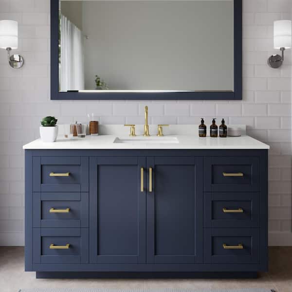 Wyndham Collection Miranda 60 in. W x 22 in. D x 33.75 in. H Single Bath Vanity in Dark Blue with White Quartz Top and 58 in. Mirror